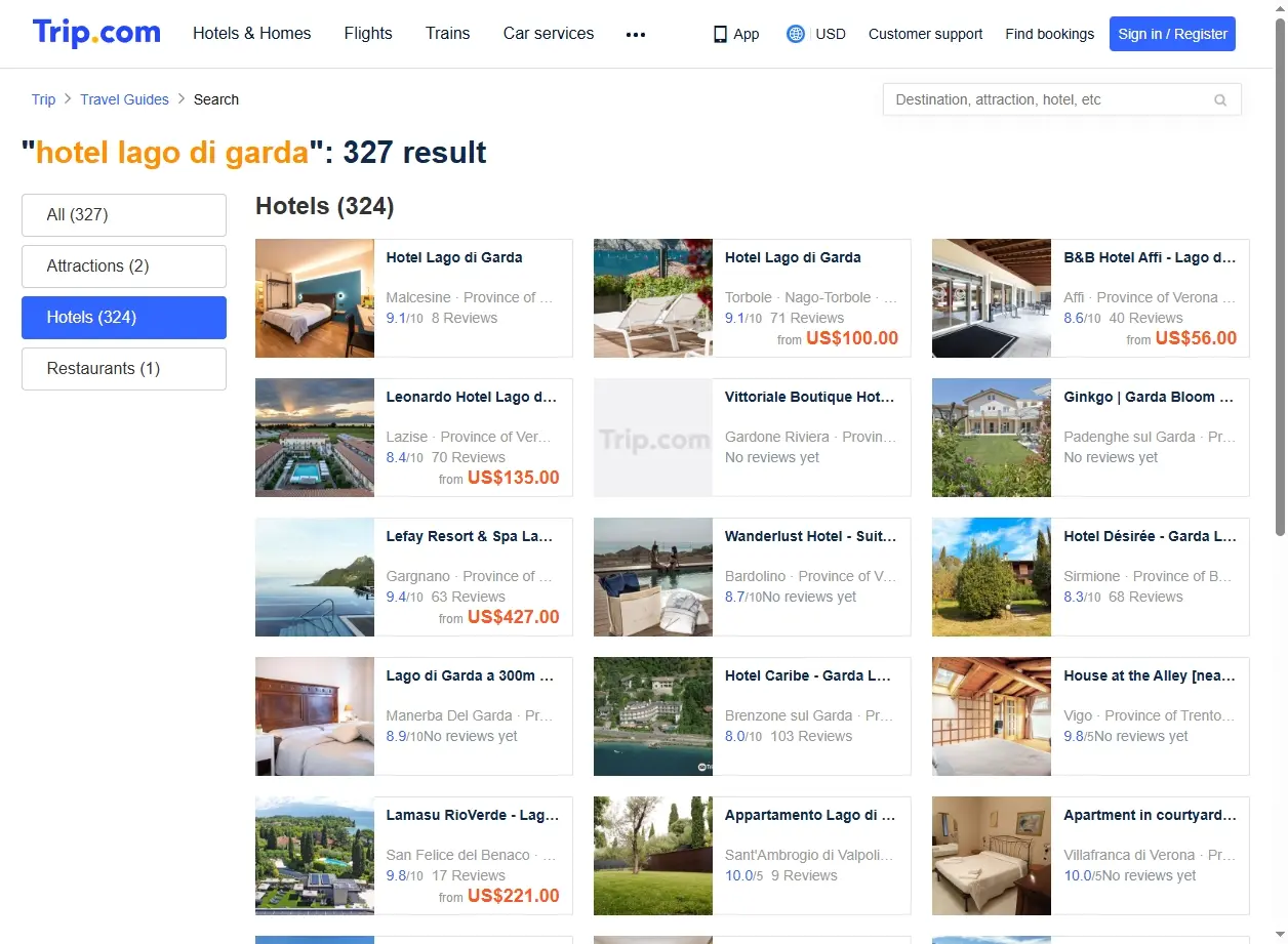 Schermata di Trip.com che mostra offerte di hotel a Lago di Garda.