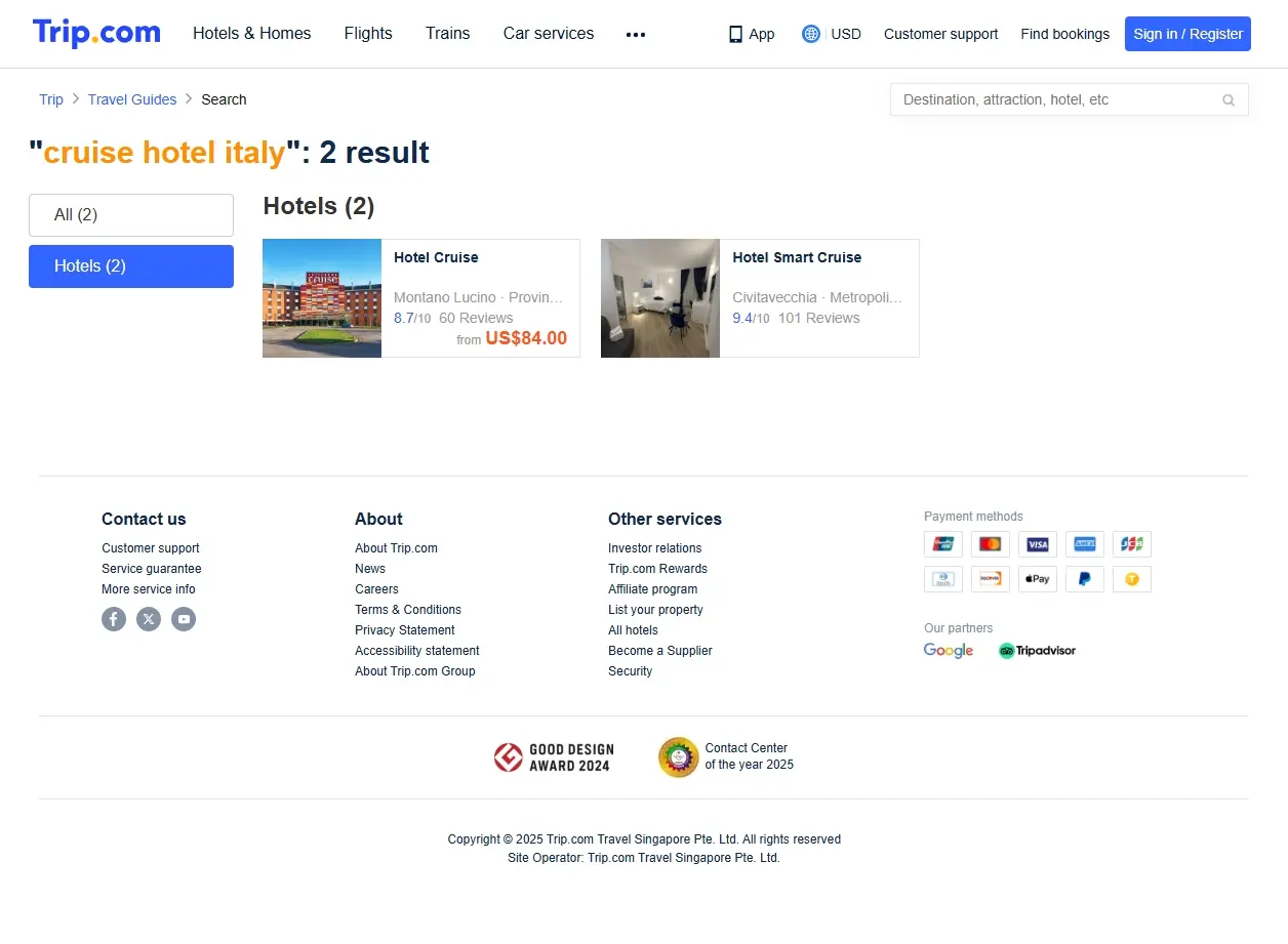 Schermata di Trip.com con offerte hotel