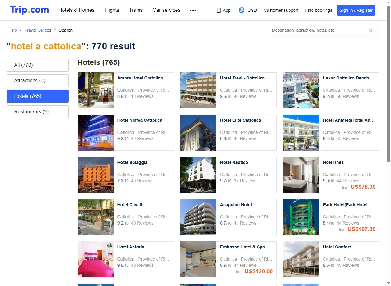 Schermata del sito di Trip.com con offerte hotel a Cattolica