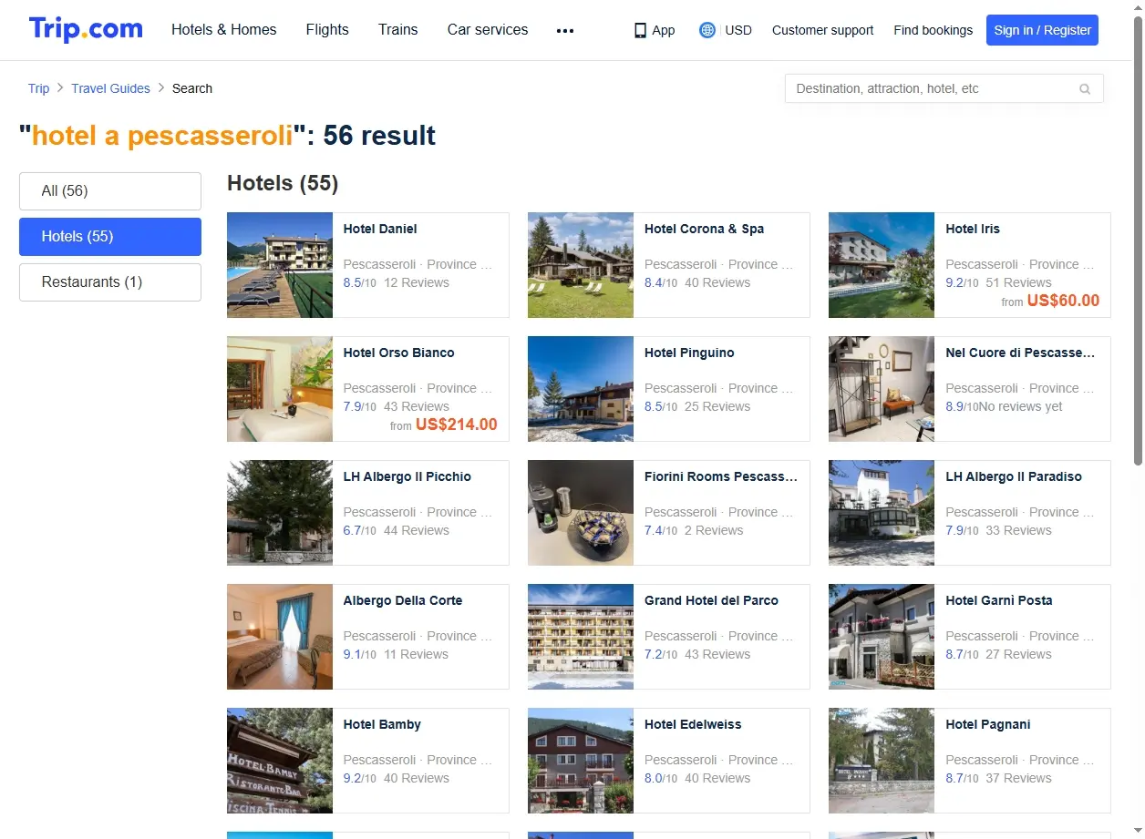 Schermata di offerte per hotel a Pescasseroli