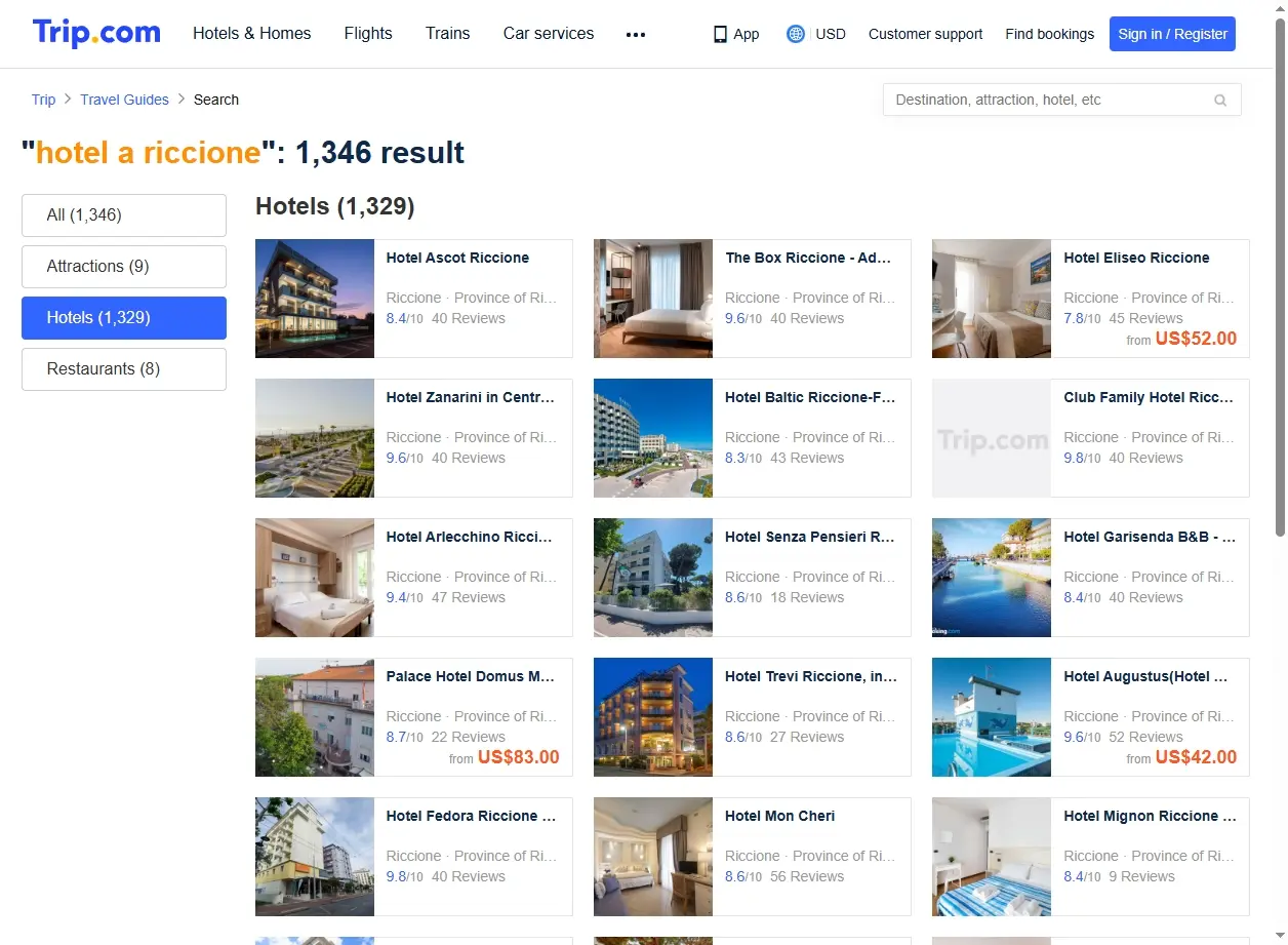Schermata di offerte per hotel a Riccione