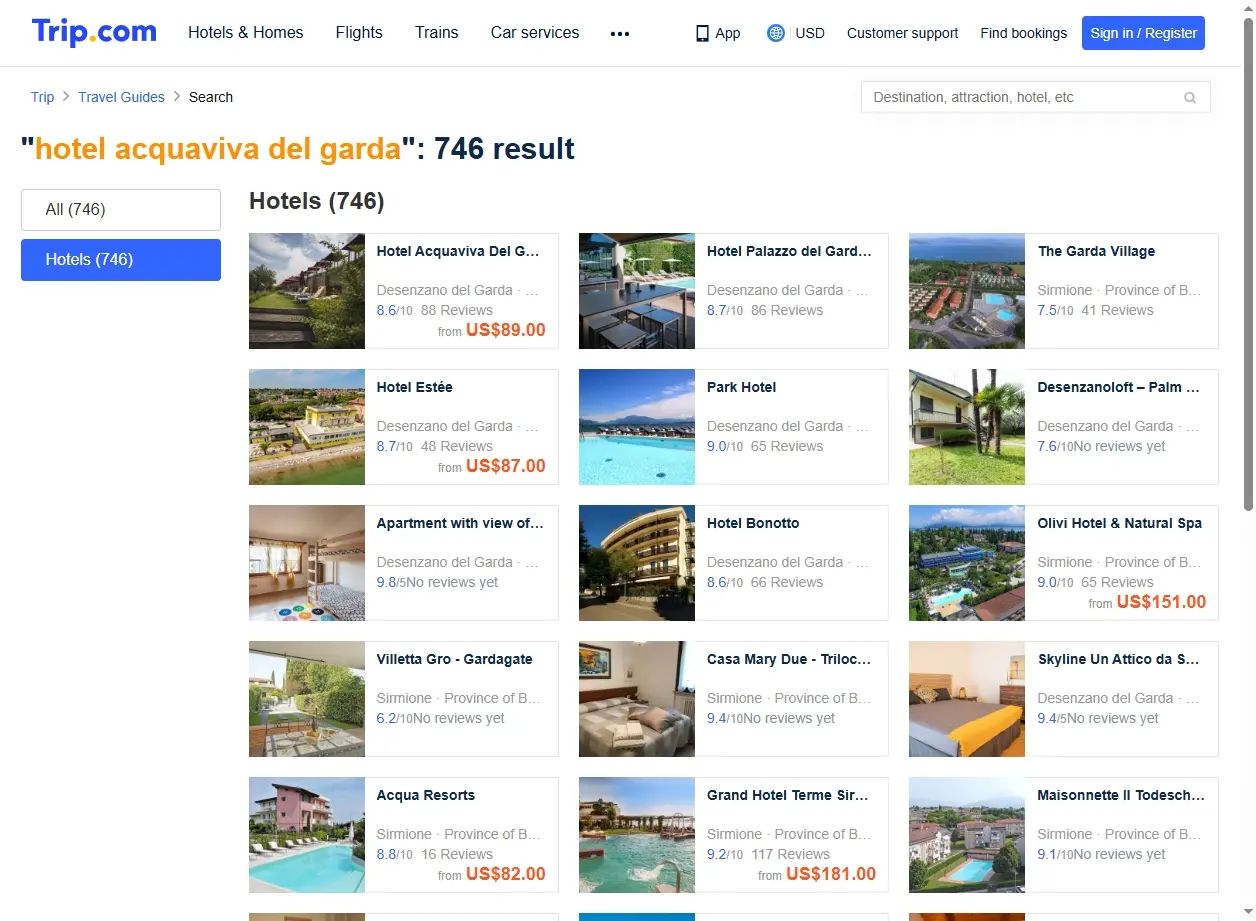 Schermata delle offerte di Trip.com per Hotel Acquaviva del Garda