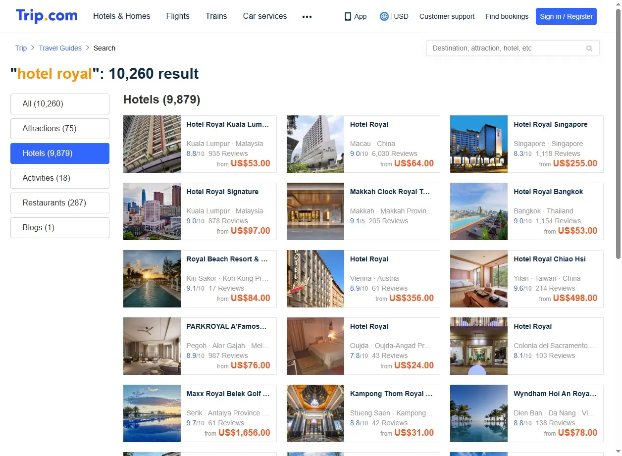 Schermata del sito che mostra offerte speciali per l'hotel royal