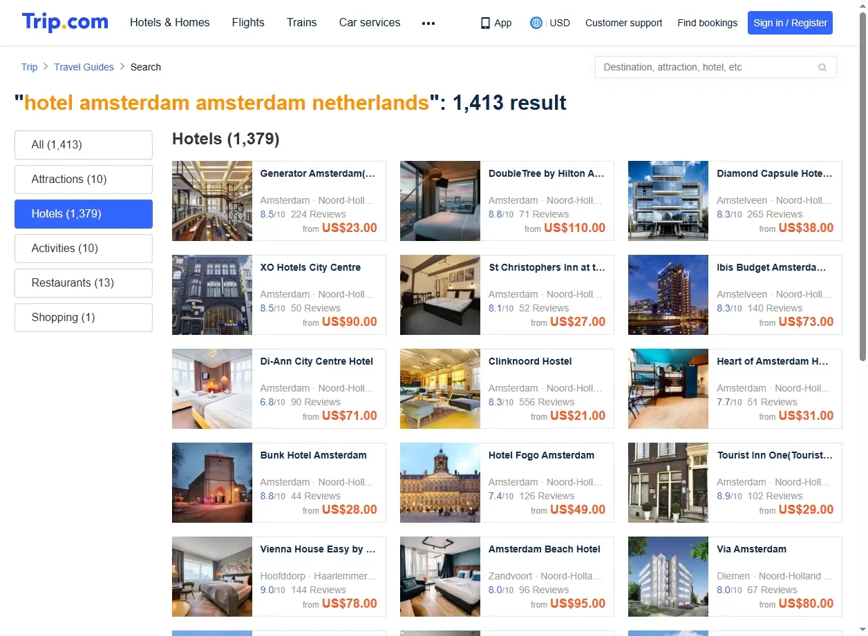 Schermata di offerte speciali per hotel ad Amsterdam