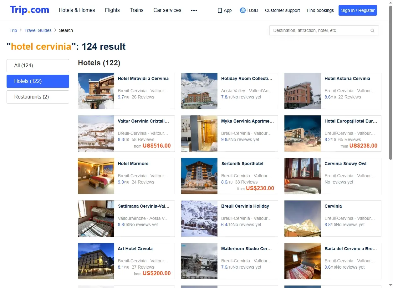 Schermata delle migliori offerte hotel Cervinia