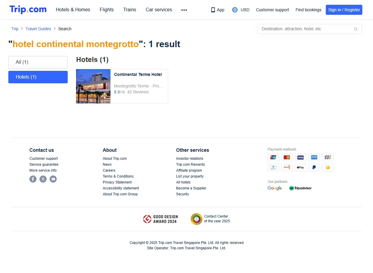 Schermata di ricerca offerte hotel Continental Montegrotto