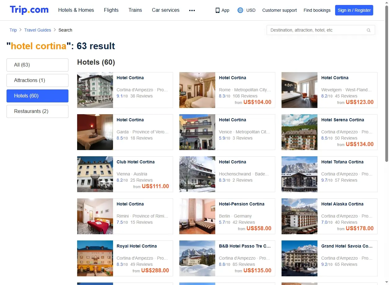 Schermata di ricerca offerte hotel Cortina