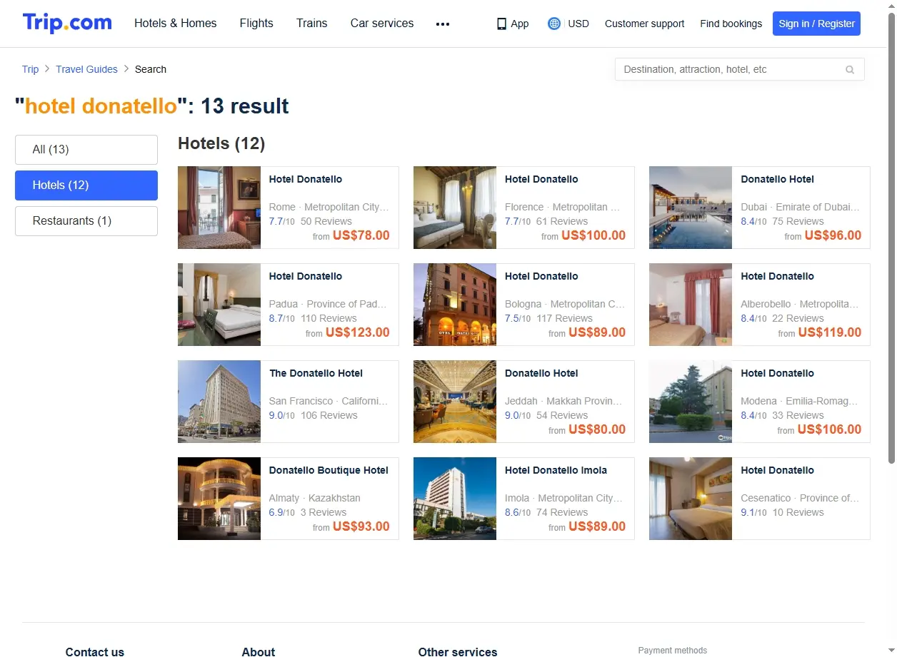Schermata di offerte per Hotel Donatello su Trip.com