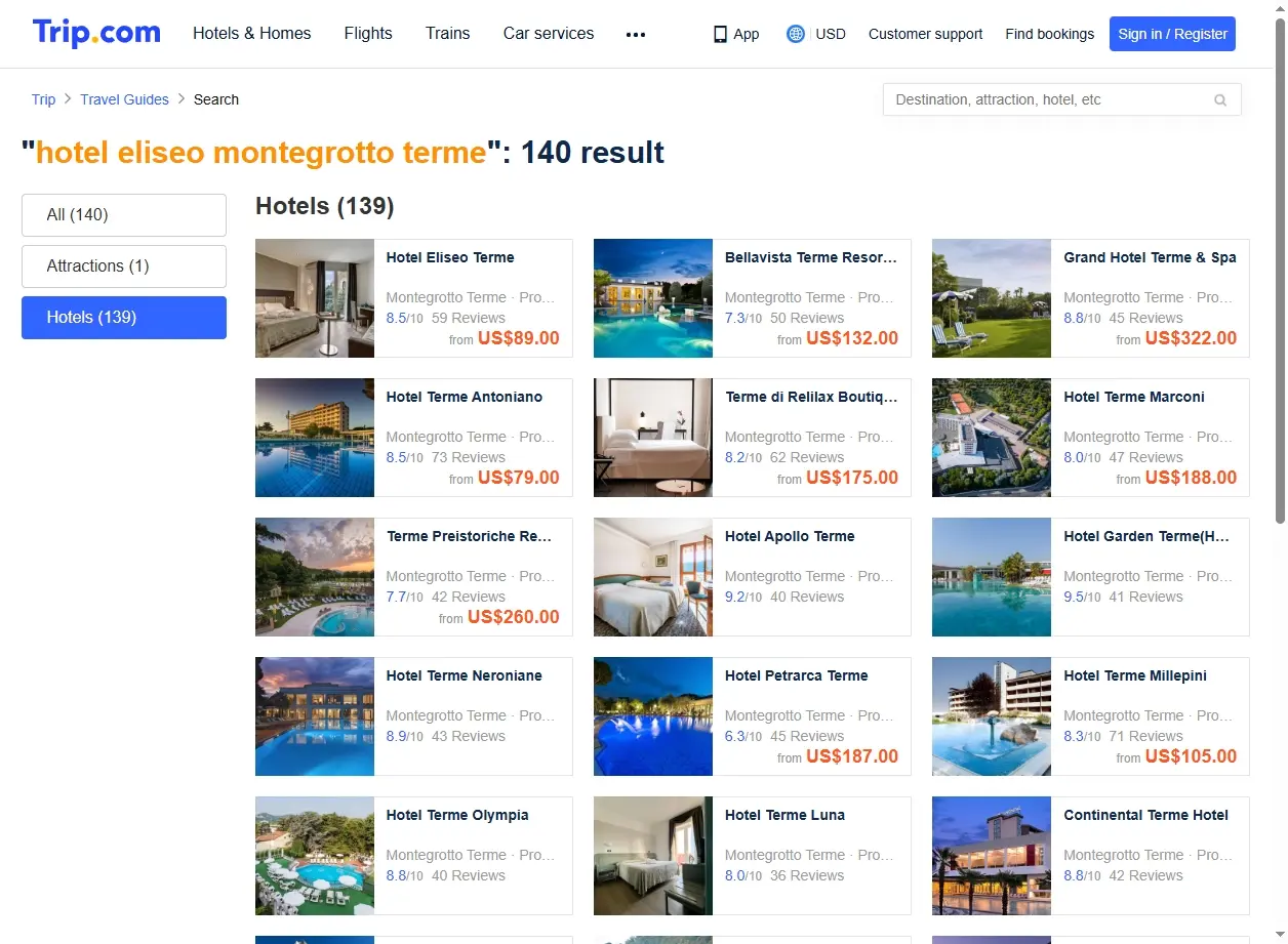 Schermata del sito web di Trip.com che mostra offerte speciali per hotel.