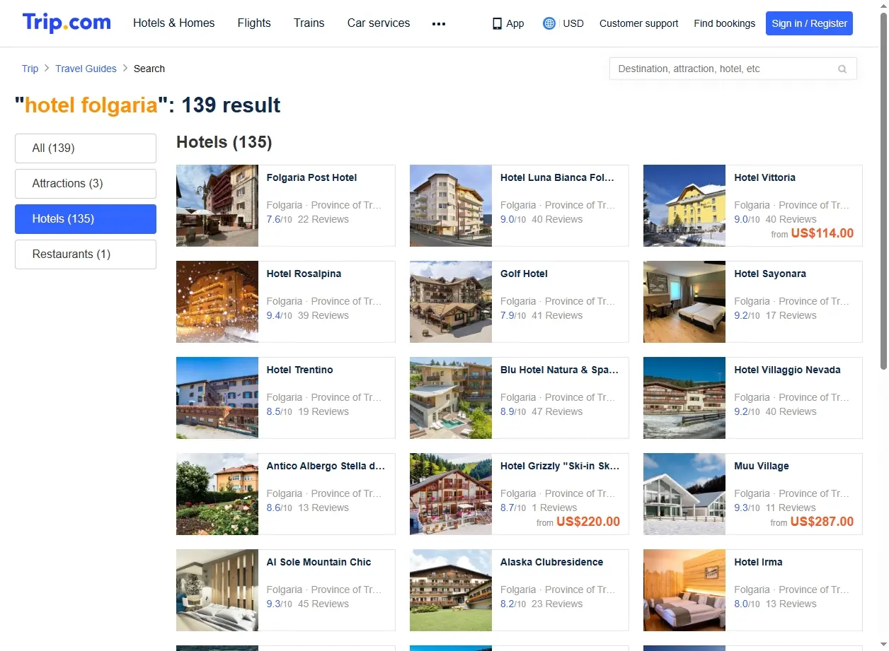 Schermata del sito web che mostra offerte speciali per Hotel Folgaria