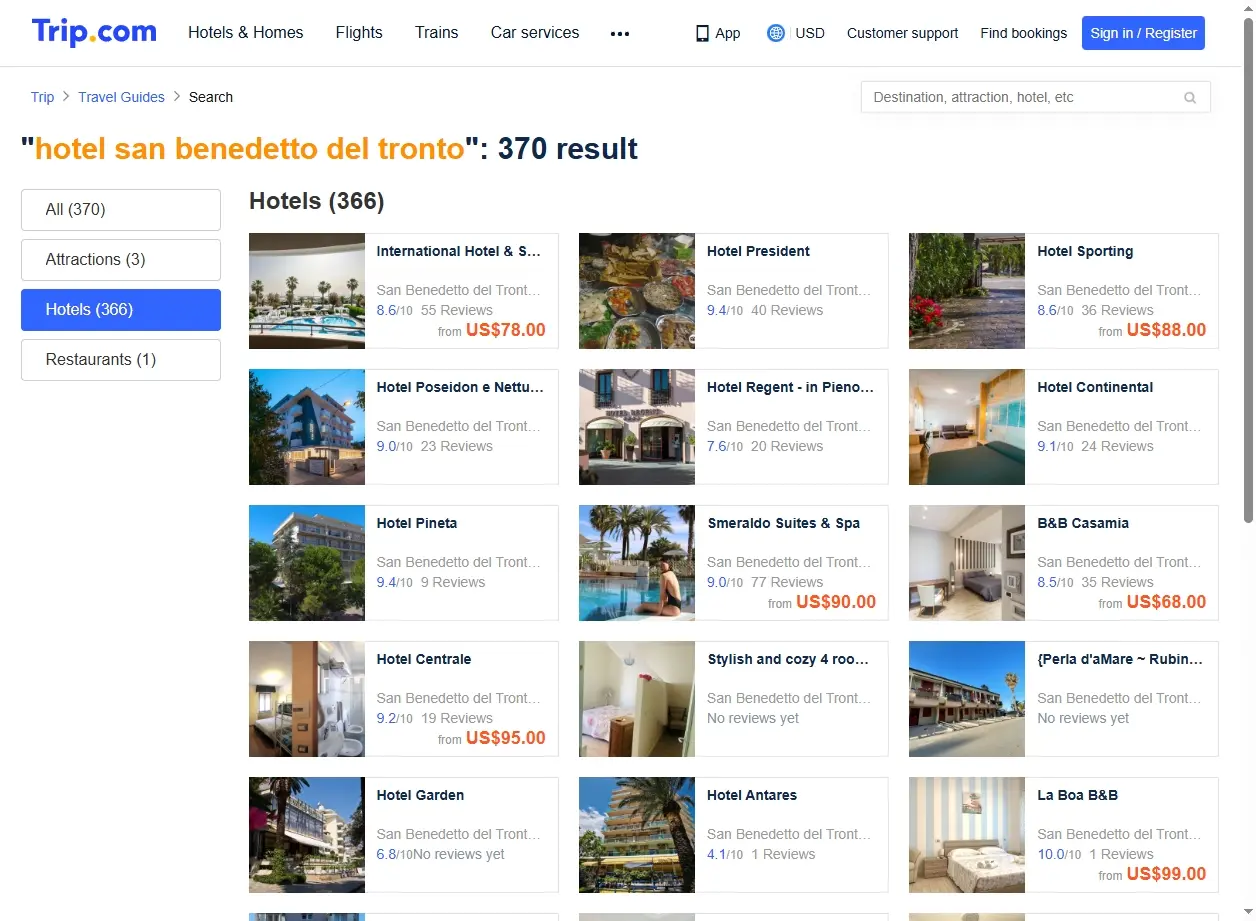 Schermata di offerte speciali per hotel a San Benedetto del Tronto