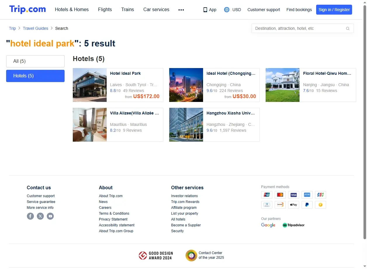 Schermata di Trip.com che mostra offerte per Hotel Ideal Park