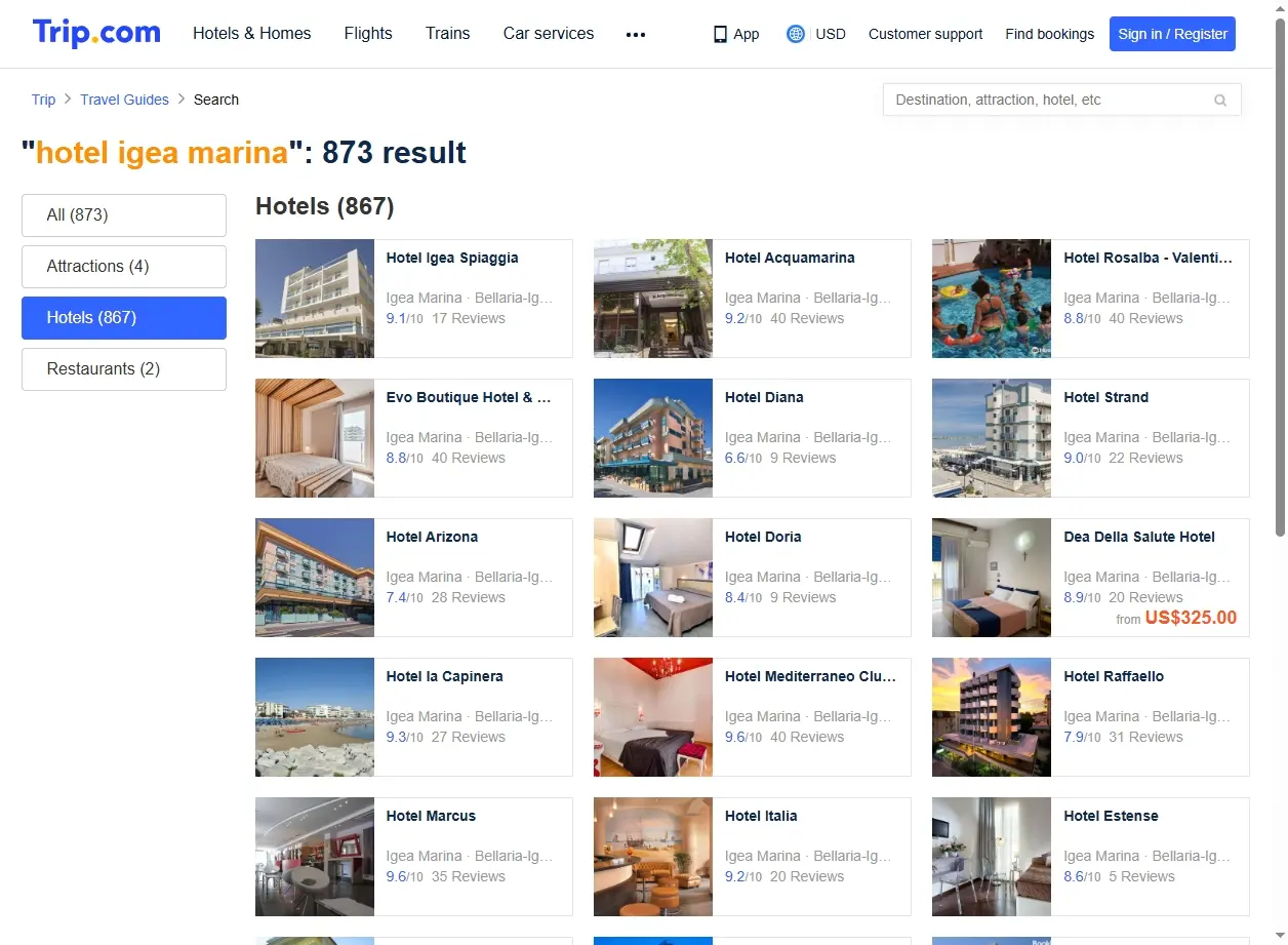 Schermata di ricerca offerte hotel Igea Marina