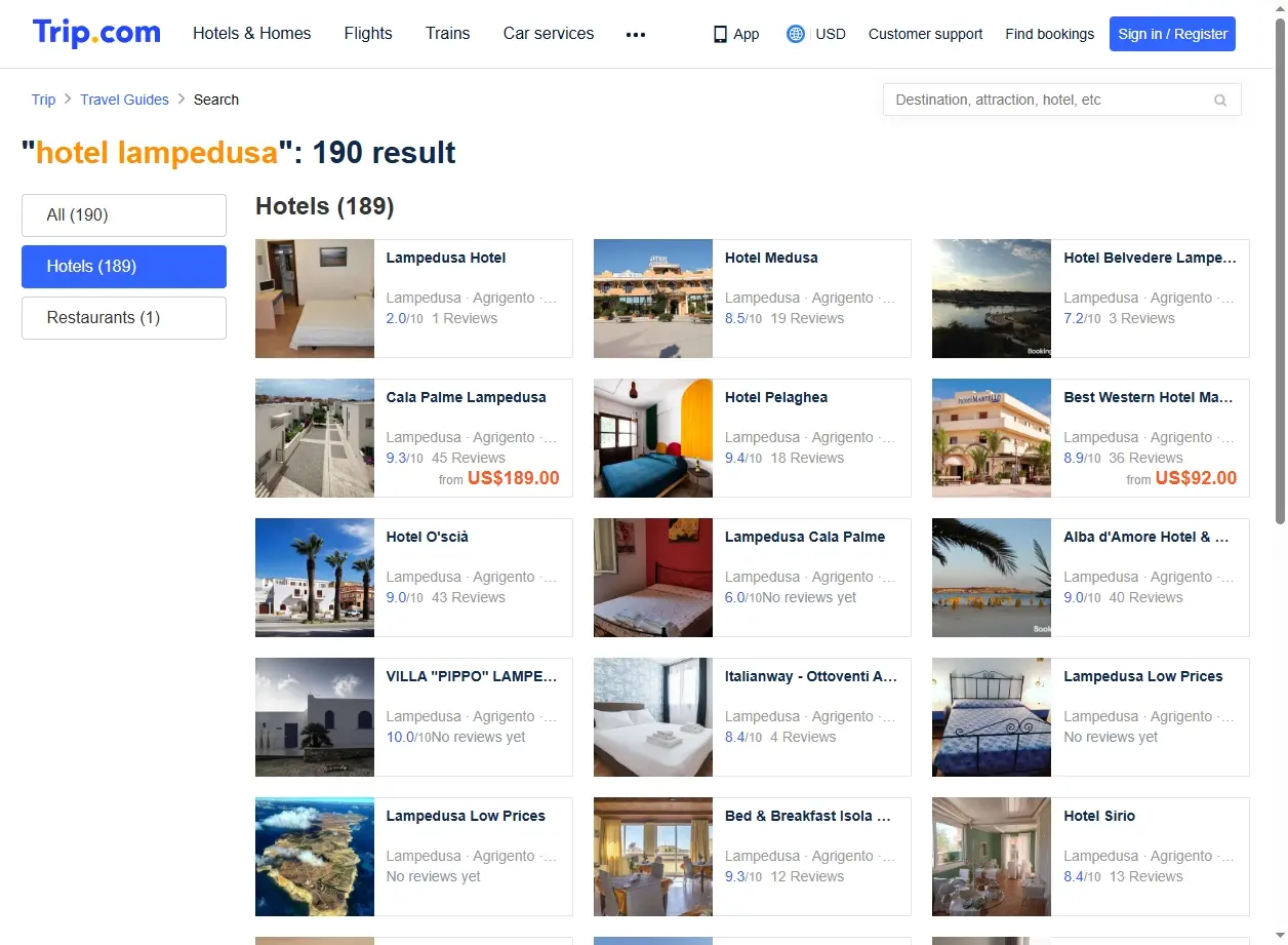 Schermata di ricerca offerte hotel Lampedusa