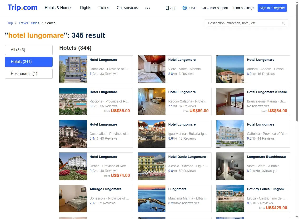 Schermata di offerte hotel lungomare